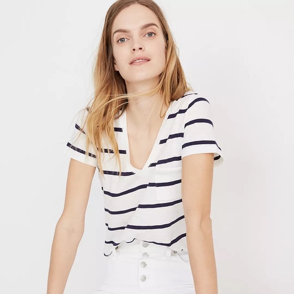 Blue & White Striped Madewell V-Neck | XS - Picture 1 of 5